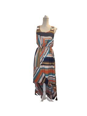 Xhiliration Maxi Stripe Dress in Blue Orange Sz: M Hi-Low Hem